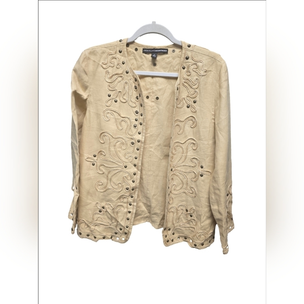 Ellen Tracy Open Front Jacket Linen Grommet Embroidered Lined Yellow Sz. 12